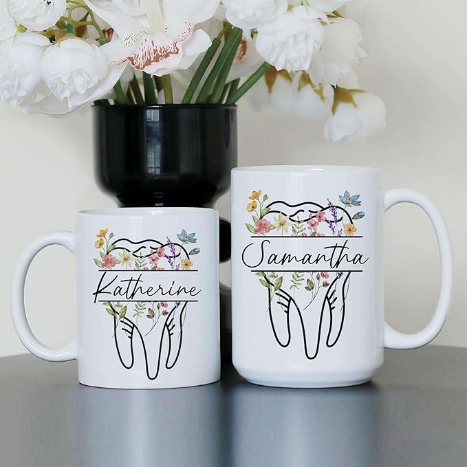 Personalized Floral Dentist Dental Hygiene Mug - Dental Assistant Mug - Dental Nurse Orthodontics Graduation Gift - Dentist Custom Name 11Oz 15Oz (DENTAL-M2)