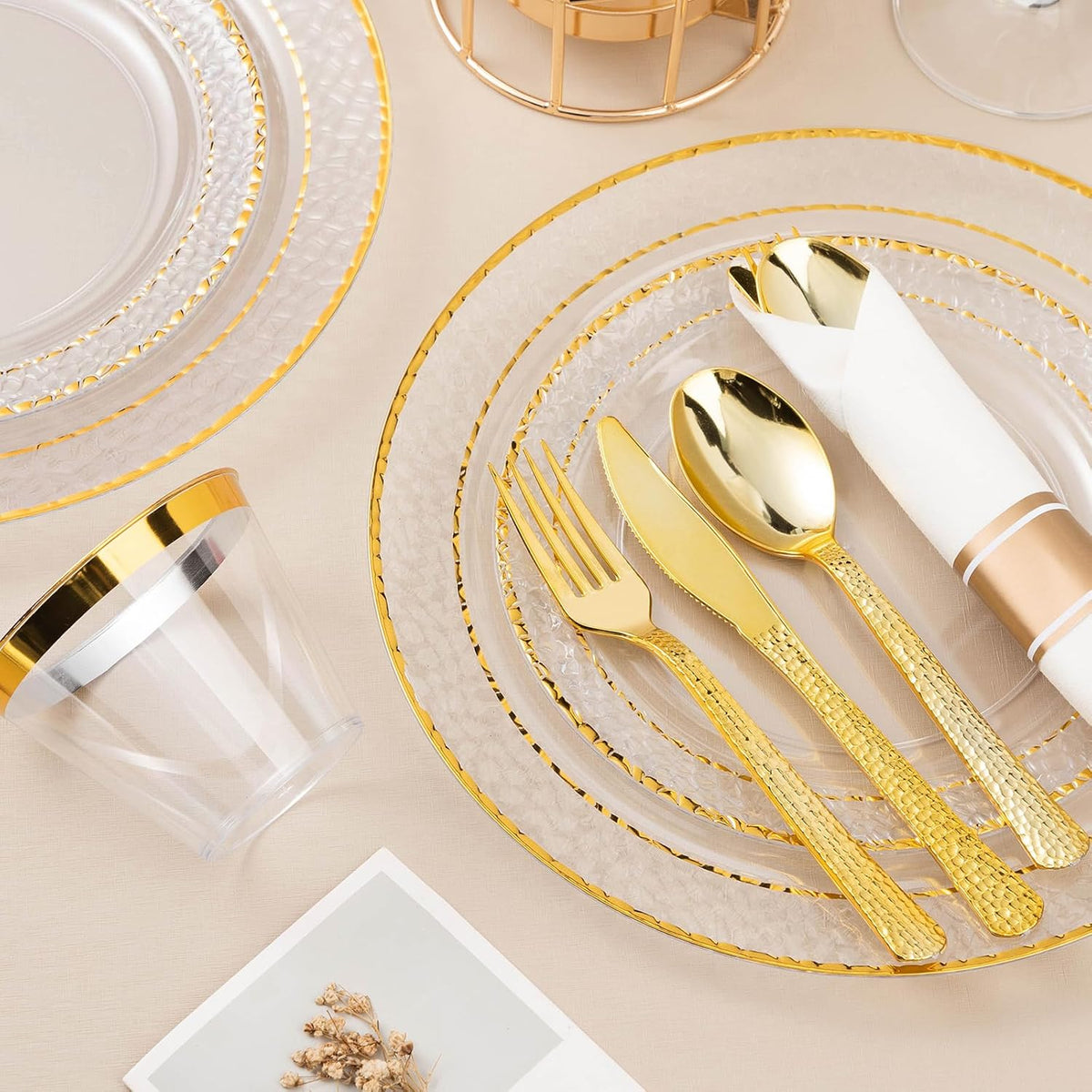 350PCS Clear Plastic Plates with Gold Trim for 50 Guests, Disposable Dinnerware Set for Party & Wedding, Includes 100 Plastic Plates, 50 Pre Rolled Napkins with Gold Silverware, 50 Cups