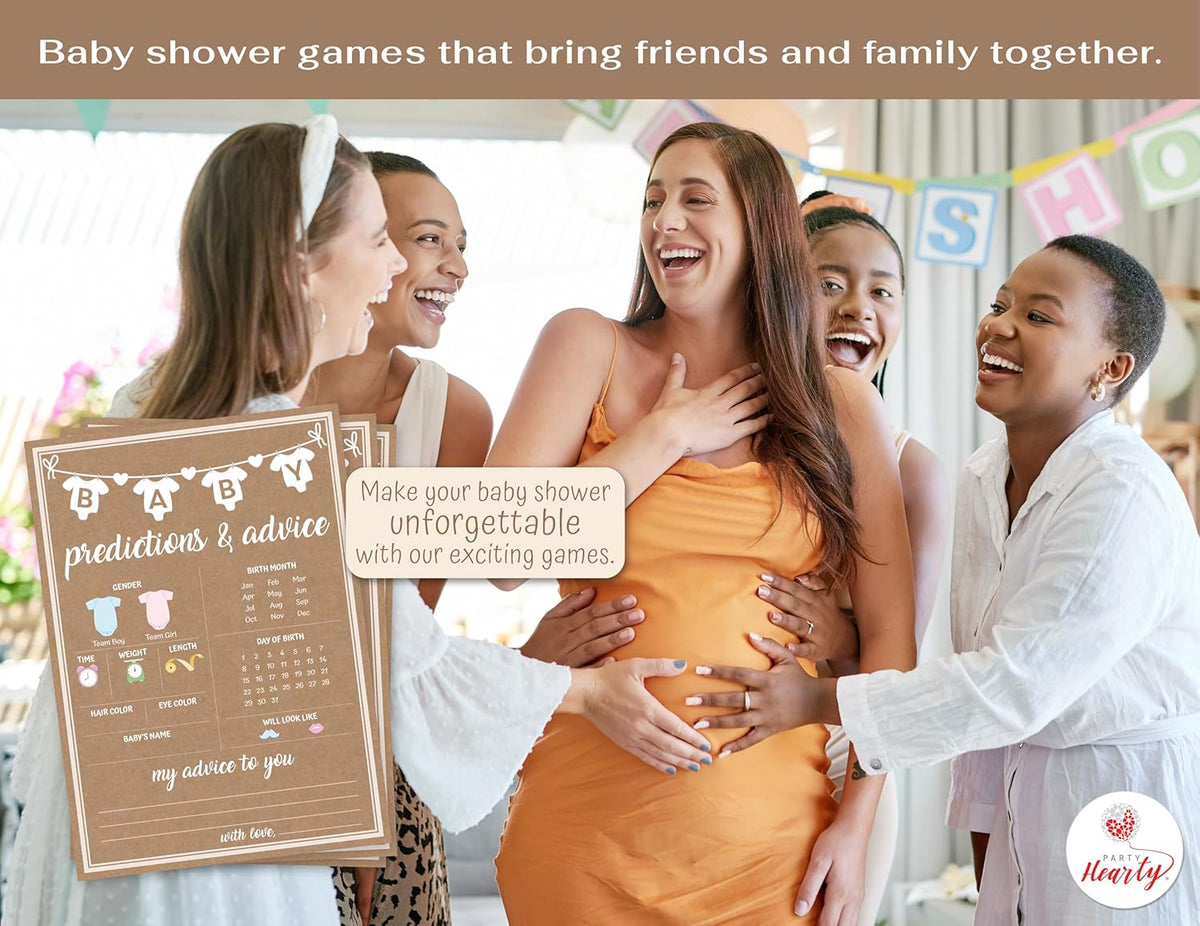 Party Hearty Baby Shower Games for Girl or Boy, 50 pcs Predictions & Advice Game, Fun Activity Cards, Gender Neutral, Baby Shower Ideas