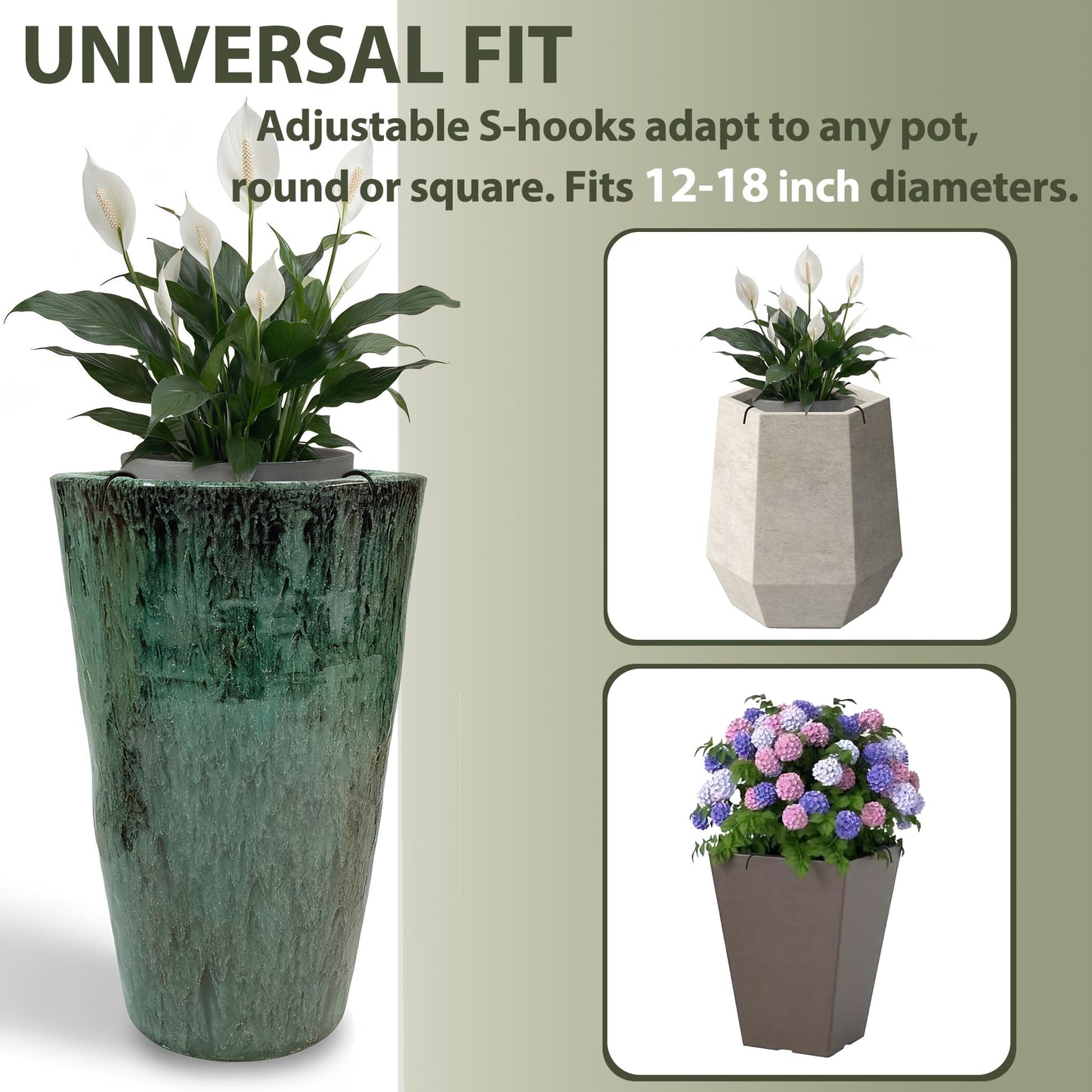 SUBENJI 2 Pack Adjustable Plant Risers for Large Tall Pots, 12-18" Planter Insert, False Bottom Pot Filler with 4 Hooks & Chains, Holds 48 lbs Rustproof Soil Saver for Indoor Outdoor Planters (Black)