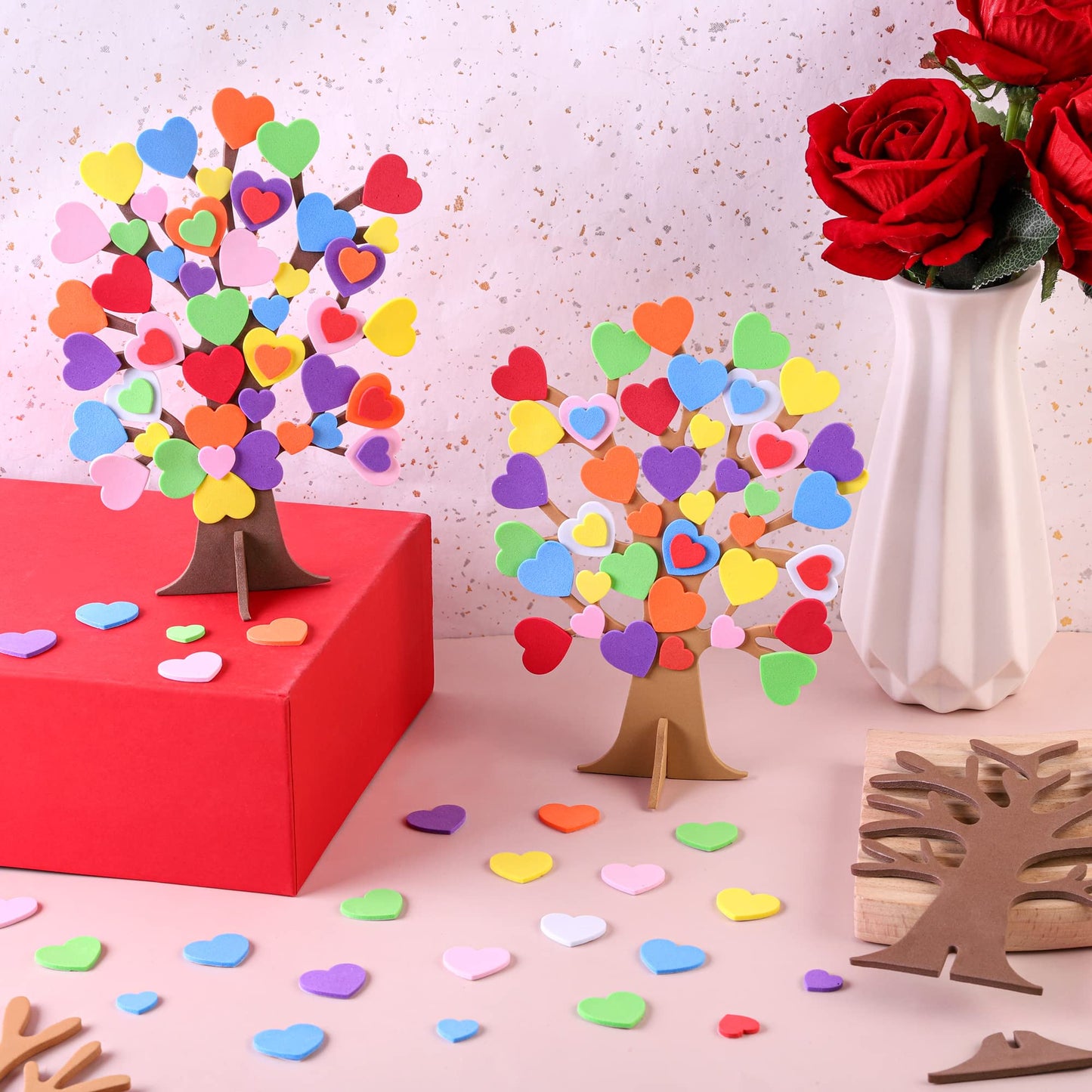 Fovths 332 Pieces DIY Love Heart Tree Foam Stickers Craft Set 12 Pieces Tree and 320 Pieces Valentine's Day Self-Adhesive Foam Heart for Valentine's Day Wedding Mother's Day Home Decor School DIY
