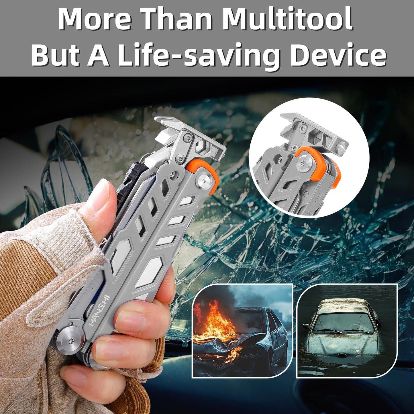 HANSHI Multitool Pliers, 22-in-1 YG10 Tungsten Steel Multi Tool with Scissors,Replaceable Wire Cutters, Flint, Window Breaker, Back Clip,Ideal for Camping, Survival and Gift(Silver)