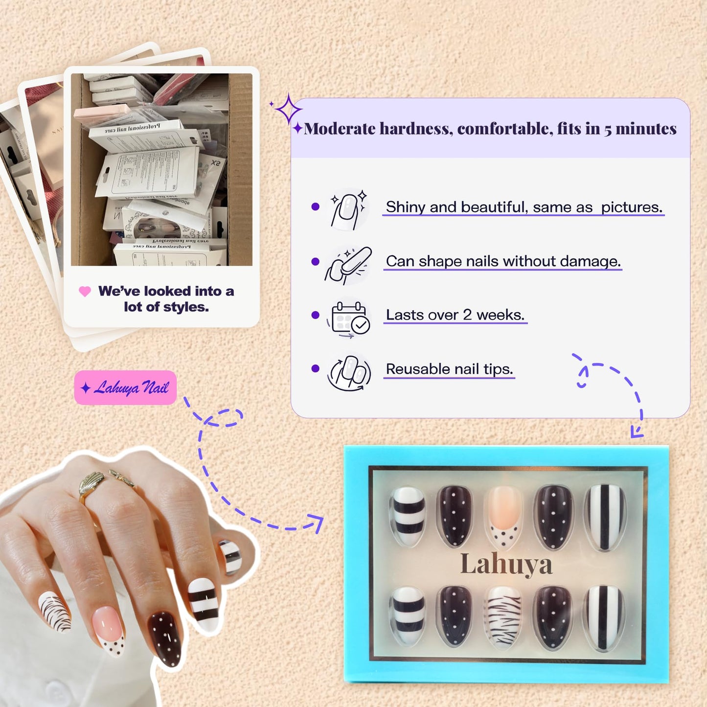 Lahuya Press On Nails - Mocha Chic | Short Almond Fake Nails with Brown and White Graphic Nail Art, Polka Dot, Stripe & Swirl Design, Glossy Finish, Salon Quality | 15 Sizes - 30 Nail Kit with Glue
