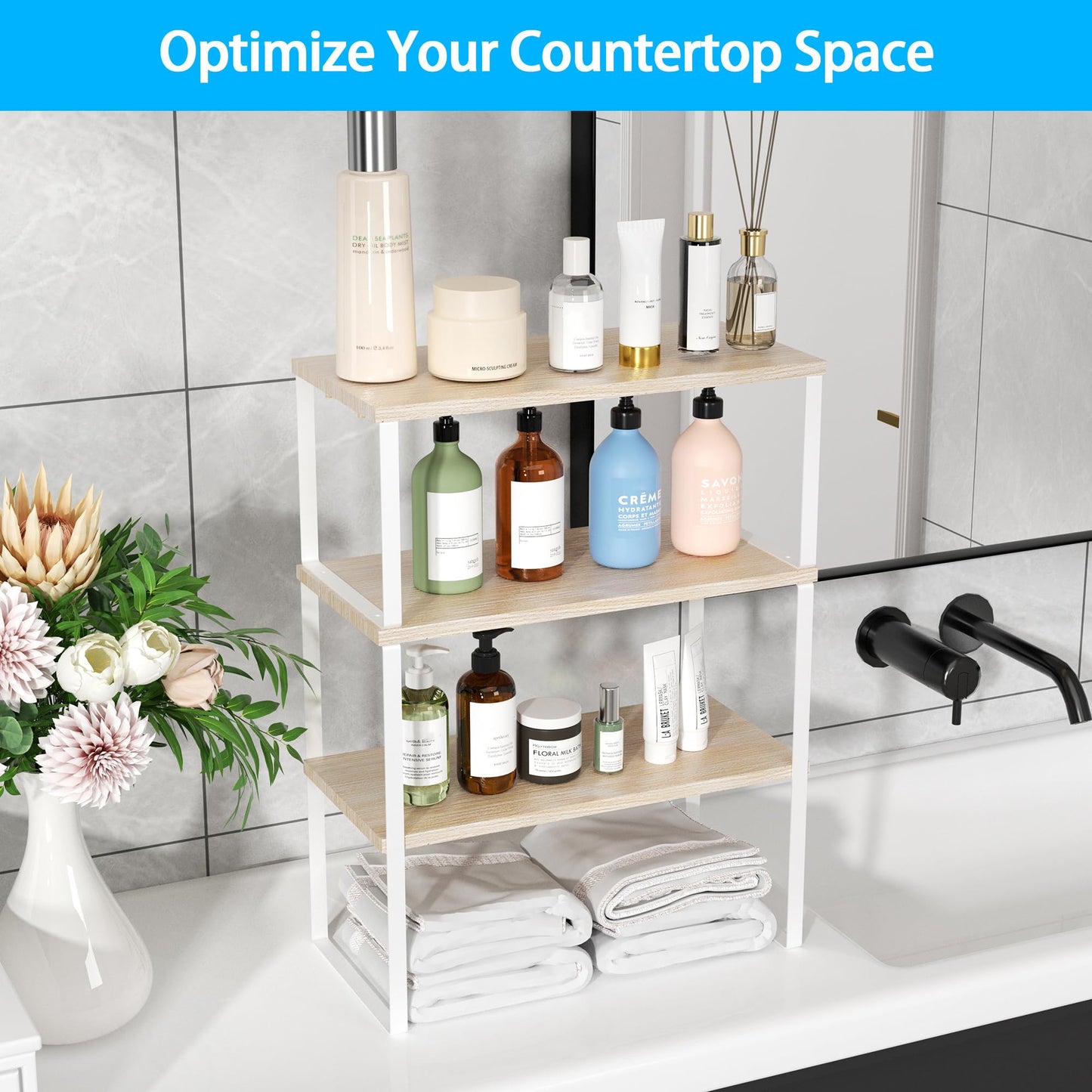 Golener Countertop Organizer Corner Shelf, 2 Tier Adjustable Stackable Corner Shelves for Kitchen, Bathroom, Spice Rack, Coffee Bar, Over Sink, Dresser Table, Corner Counter Shelf Stand, Natural Beige