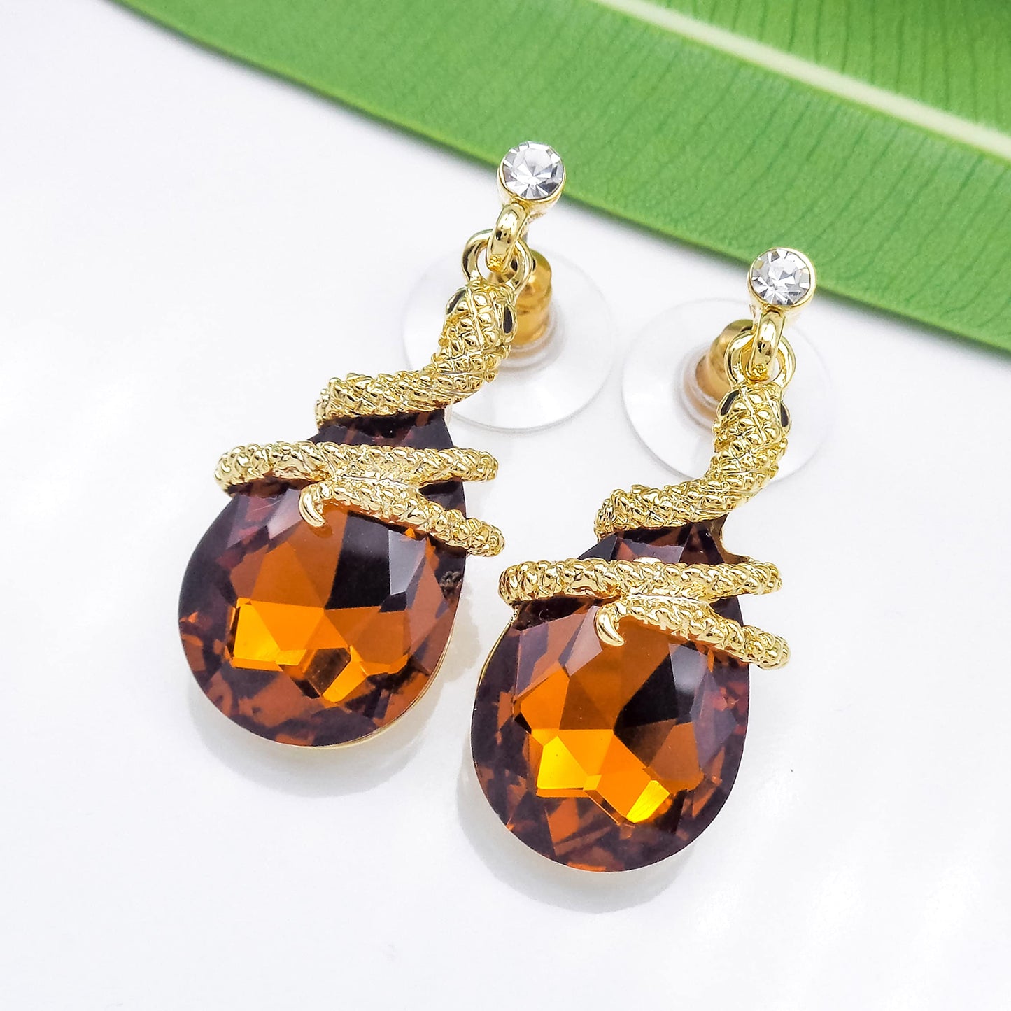 Navachi 18k Gold Plated Crystal Dark Brown Zircon Snake Drop Dangle Az1354 Stud Earrings