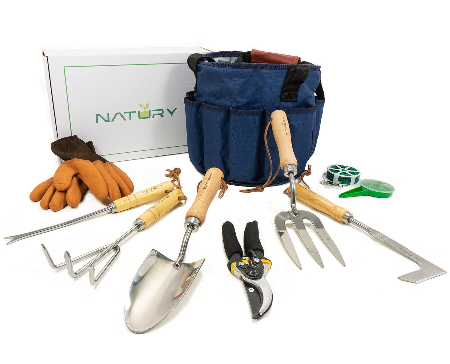 Natury Garden Tools Set – Premium Stainless Steel Gardening Hand Tools with Solid Beechwood Handle – Gardening Kit with Rake, Shovel, Gloves, Shears, Tool Organizer – Garden Gifts for Women and Men