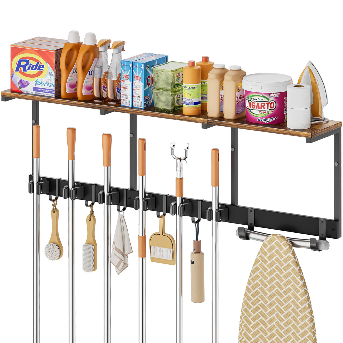 Broom Holder Wall Mount with Cleaning Supplies Organizer