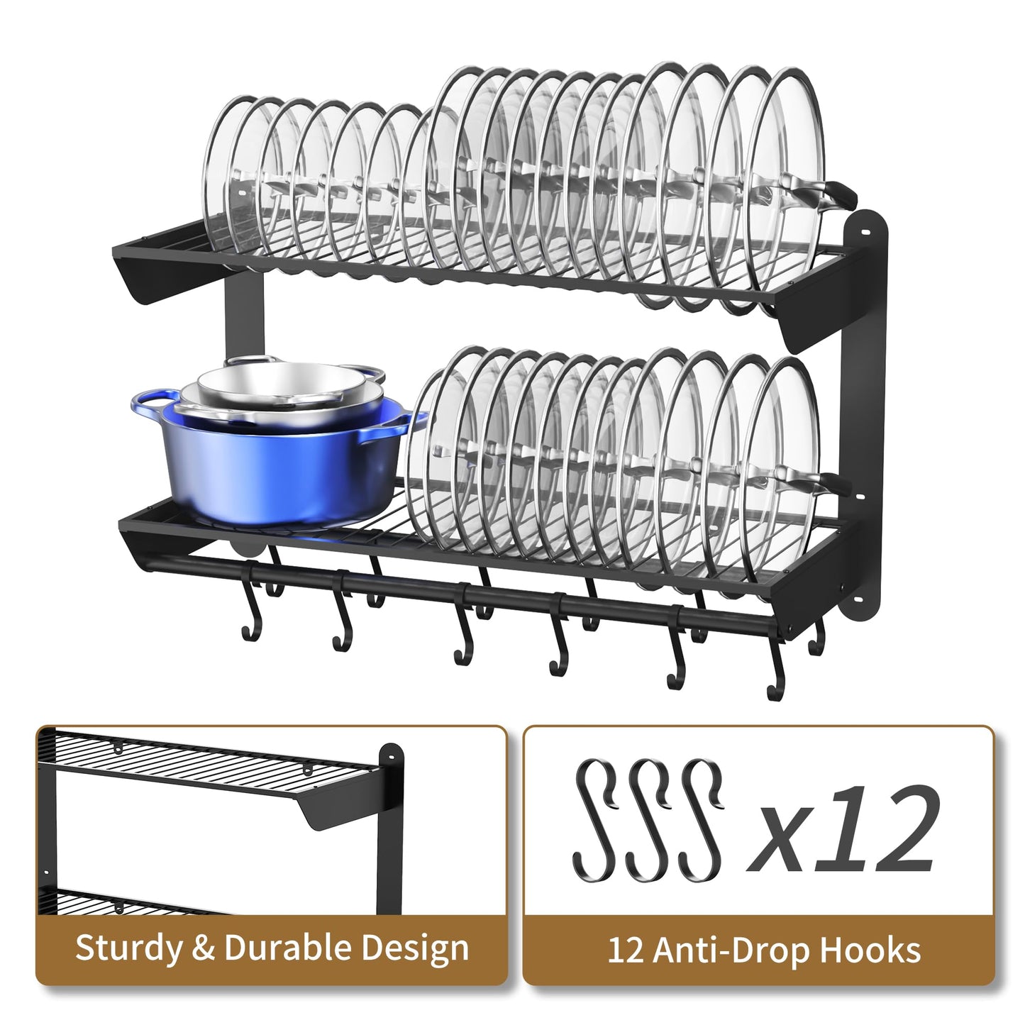 YIGII Pot and Pan Organizer with 12 Anti-Drop Hooks, 2 Tier Heavy Duty Pot Rack Wall Mounted, Kitchen Cookware Utensils Hanger Organizers and Storage