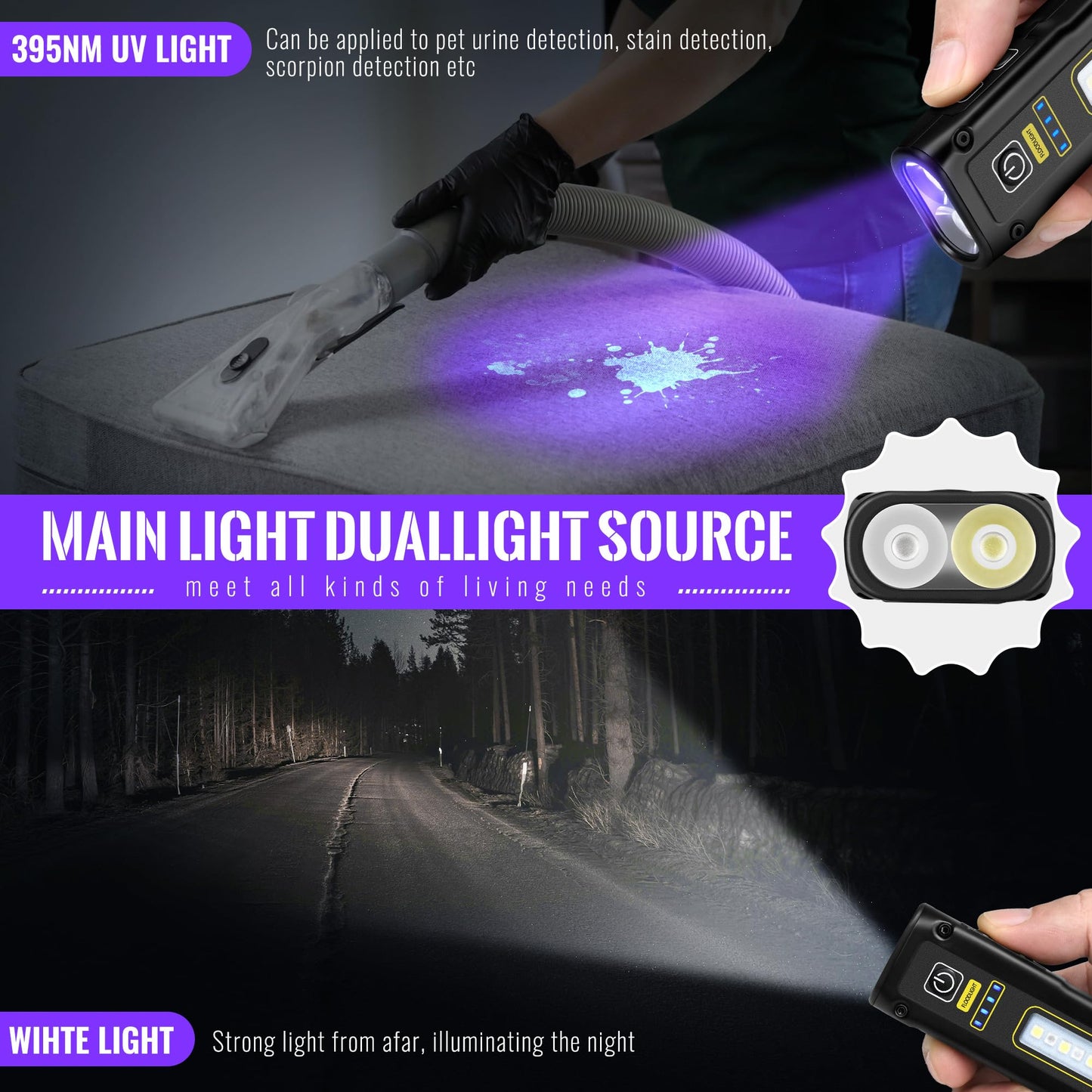 Flashlight UV Light 395nm, Blacklight EDC Flashlights Mini LED high Lumen USB -C Rechargeable Portable with Magnetic Base, COB White & Red Light, Output Emergency Power, for Pet Urine, Resin Curing