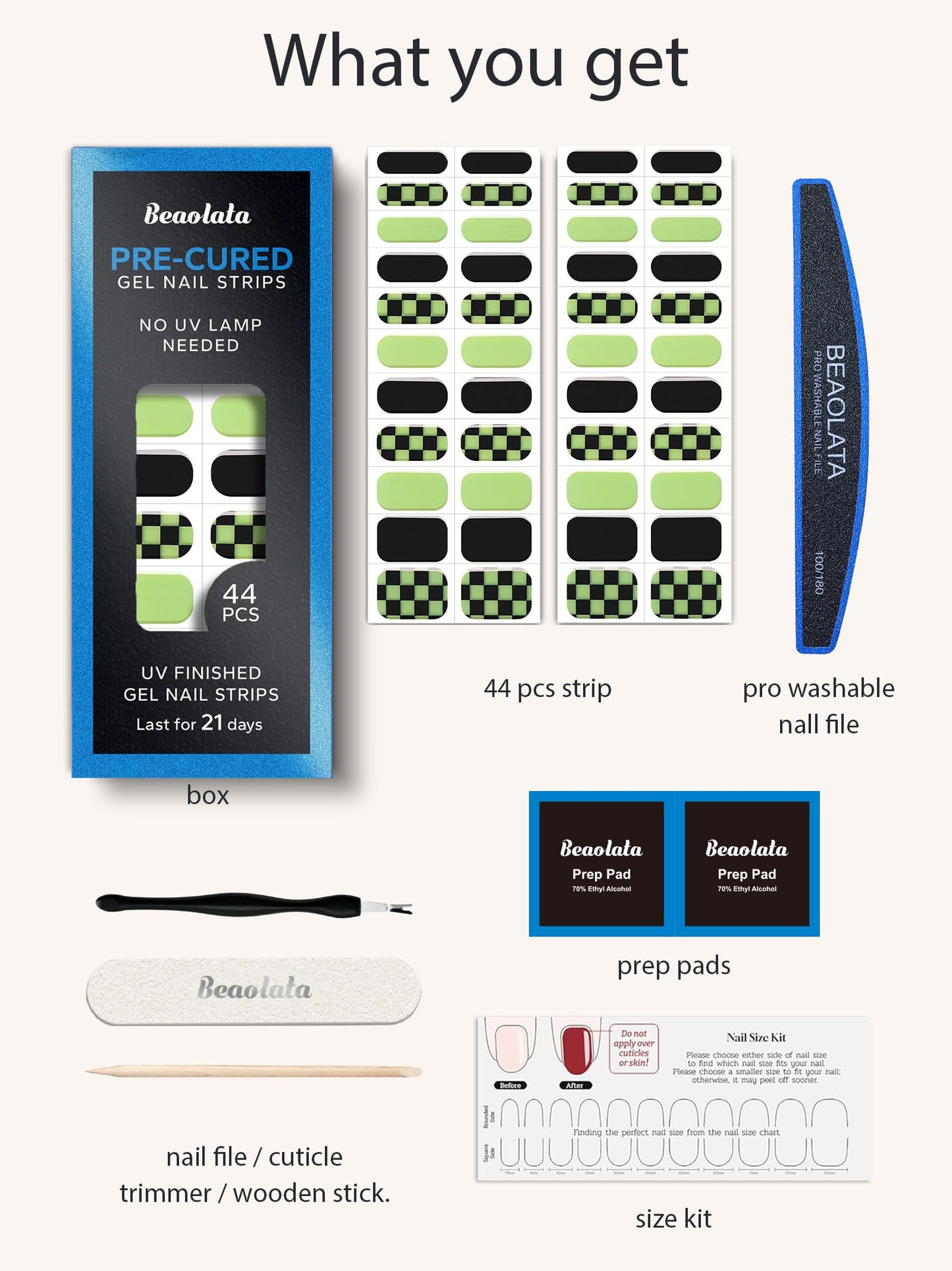 Beaolata Real Gel Nail Strips (No UV Light Needed) - 44Pcs Salon Quality Nail Stickers - Long Lasting Polish Wraps for Women, Easy Apply & Remove (Teal Tartan Green)