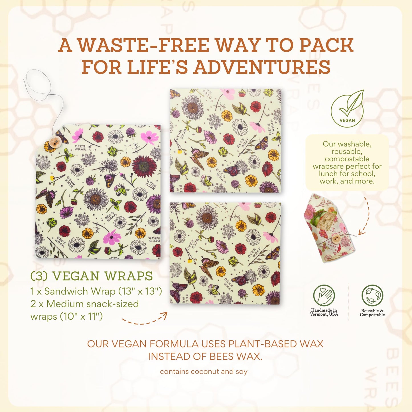 Bee's Wrap Vegan Beeswax Wraps for Food - 3 Pack of Assorted Beeswax Wraps - 2 Medium & Sandwich Wrap - Plastic Free Made in USA Reusable Natural Food Wrap - Meadow Magic