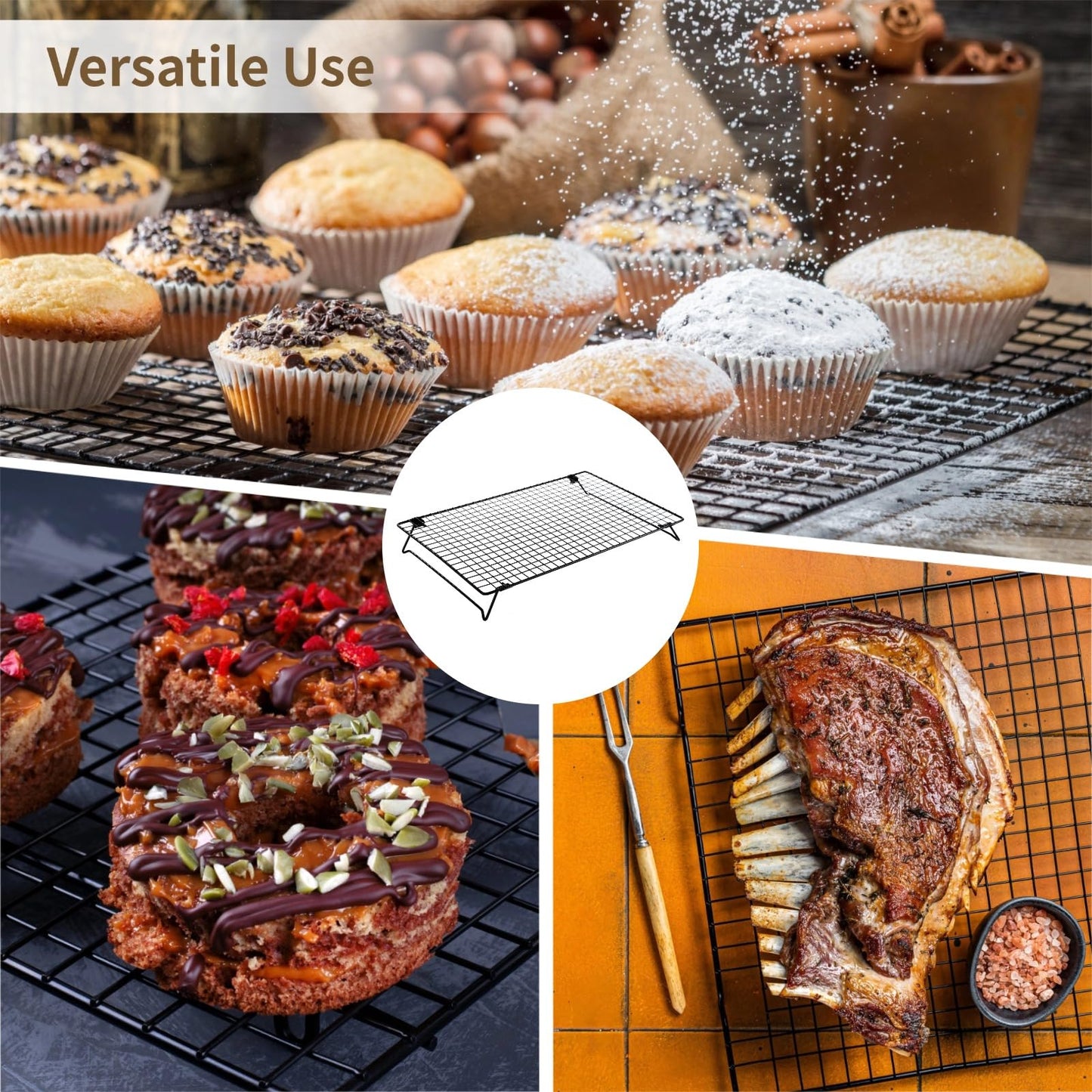 Cooling Racks for Cooking and Baking, 2 Pcs Stackable Cooling Rack for Baking, 16.93 x 11.06 Inch Carbon Steel Wire Rack with Folding Legs, Cookie Cooling Racks Baking Cooking Cooling Roasting