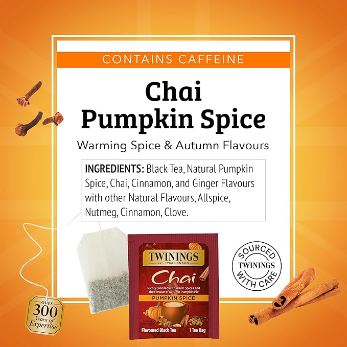 Twinings Pumpkin Spice Chai Black Tea Individually Wrapped Bags, 20 Count (Pack of 6), Warm, Spicy & Aromatic, Caffeinated, Enjoy Hot or Iced, 120 Teabags