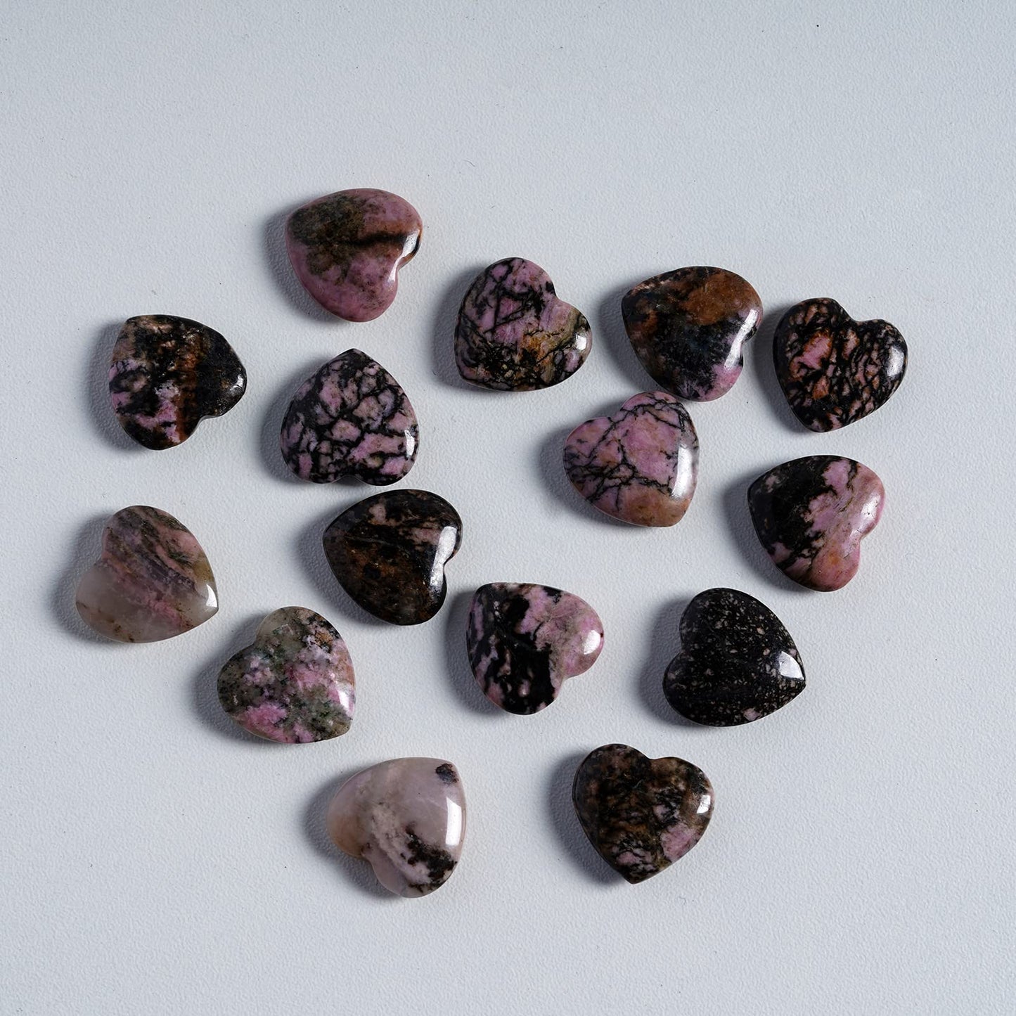Marrywindix 15 Packs 0.8 Inch Healing Crystal Natural Rhodonite Heart Love Carved Palm Worry Stone Chakra Reiki Balancing