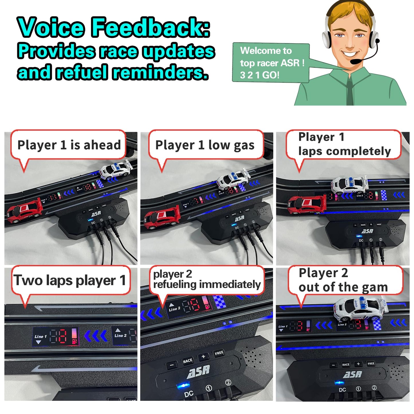 AGM MASETCH Slot Car Racing Set with LED Lap Counter, High Speed, Fuel Pit Stop, Voice Feedback, 4 Licensed Cars, 13.5m (44ft) Track, Electric or Battery Powered for Kids & Adults
