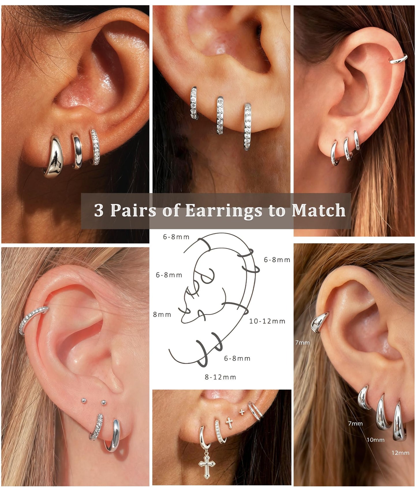 DORANA Sterling Silver Earrings for Women Non Tarnish Small Huggie Earrings 925 Hypoallergenic Cartilage Stackable Sleeper Hoops Silver Stacks Sets for Multiple Piercing,3 Pairs