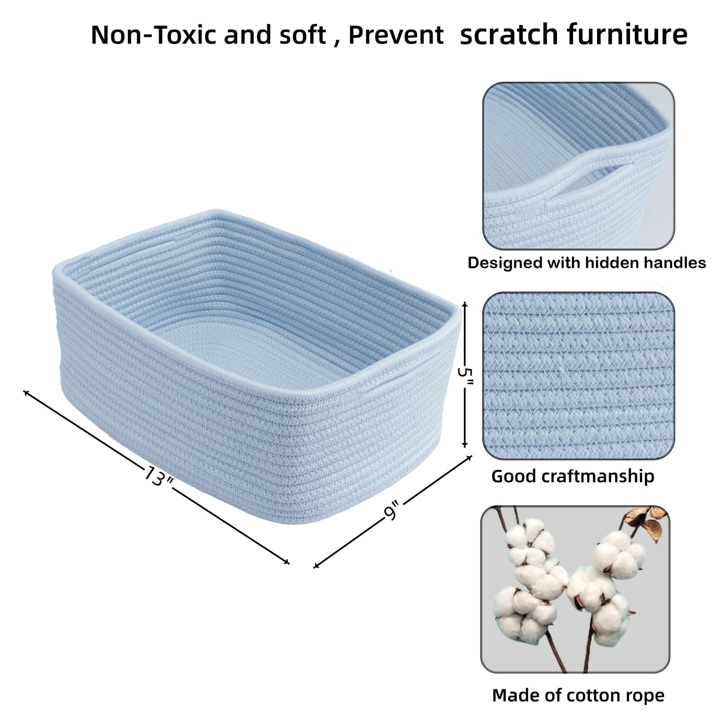 XUANGUO Small Woven Storage Baskets 13“X9”X5“ Decorative Rope Bins for Organizing Shelves, Closets, and Toys, Empty Gift Baskets, Cute Organizer Basket for Home and Office (blue, Large)