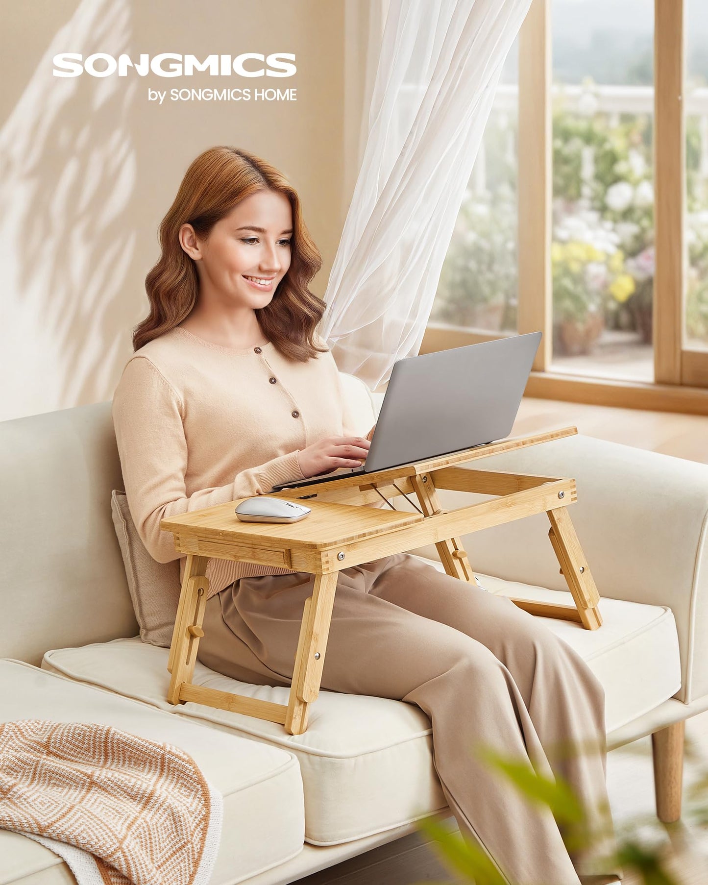 SONGMICS Bed Laptop Desk, Folding Bed Tray for Laptop up to 15.6 Inches, Adjustable Angle and Height, Portable for Working Reading Writing Breakfast, Bamboo, Drawer, Light Bamboo ULLD01N