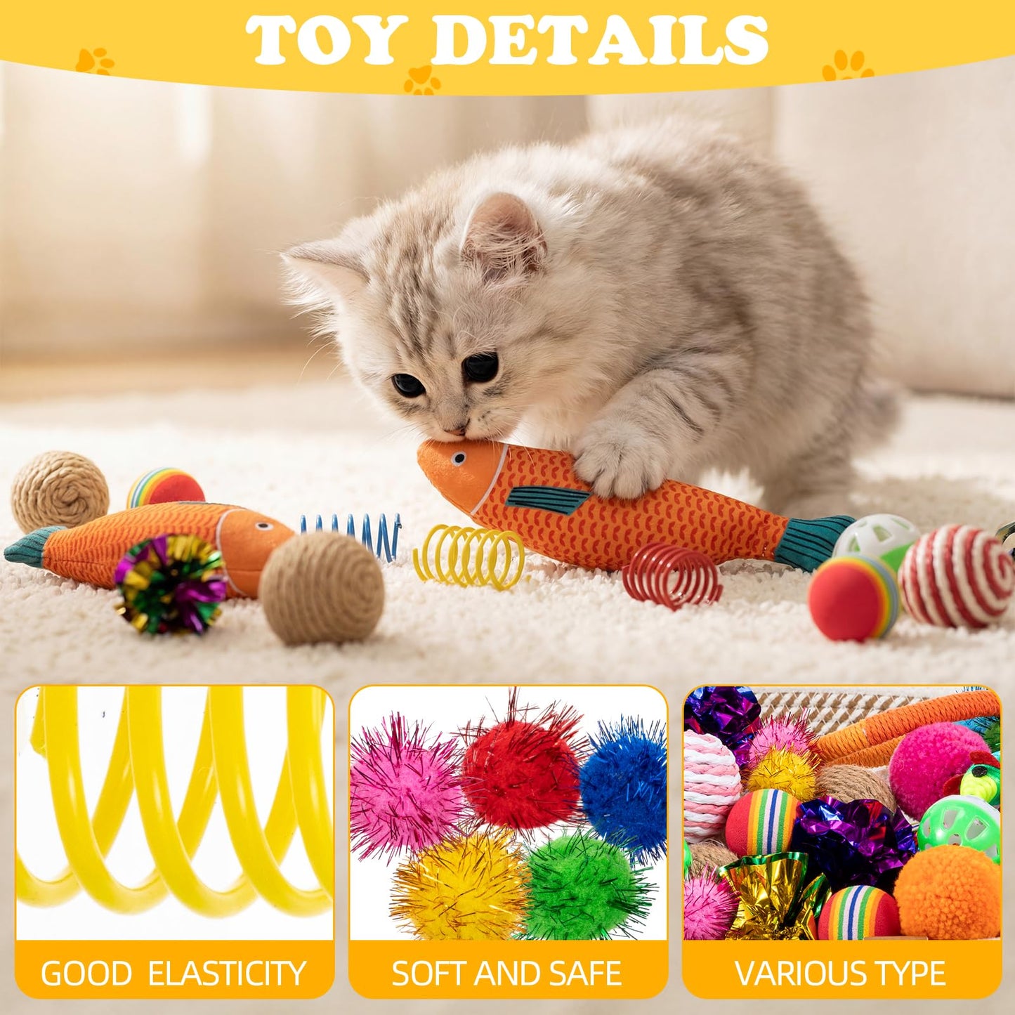 Leitee Mother's Day Cat Bed Storage Basket with 40 Pcs Cat Variety Toys Pack Set Includes Pillows, Spring Toy, Fish, Chew Rope and Balls for Kitten Kitty Swat Hunt Interactive Pet(White,Yellow)