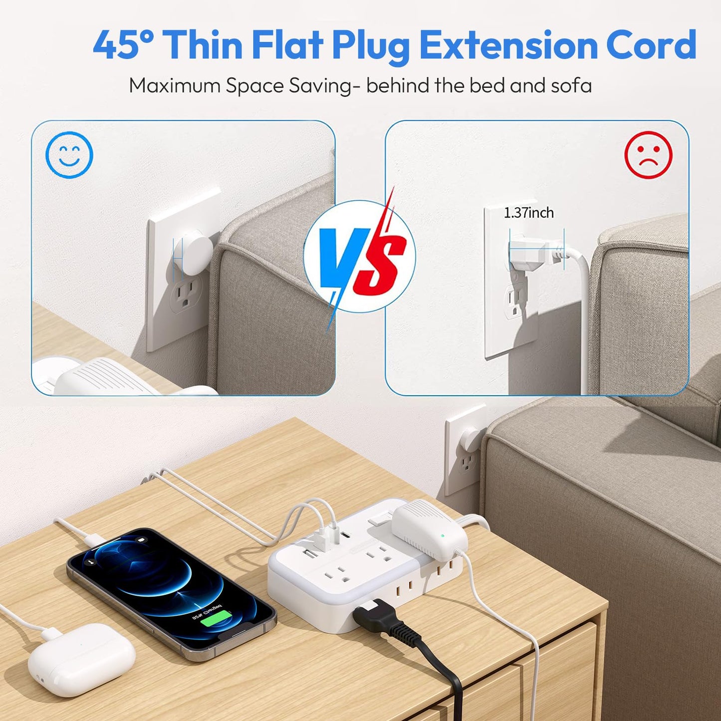 Extension Cord 15 ft, Power Strip with 6 Outlets 4 USB Charger(2 USB C Port), Flat Plug Outlet Extender Long Cord, Protection for Indoor, Home, Office Supplies, Dorm Room Essentials