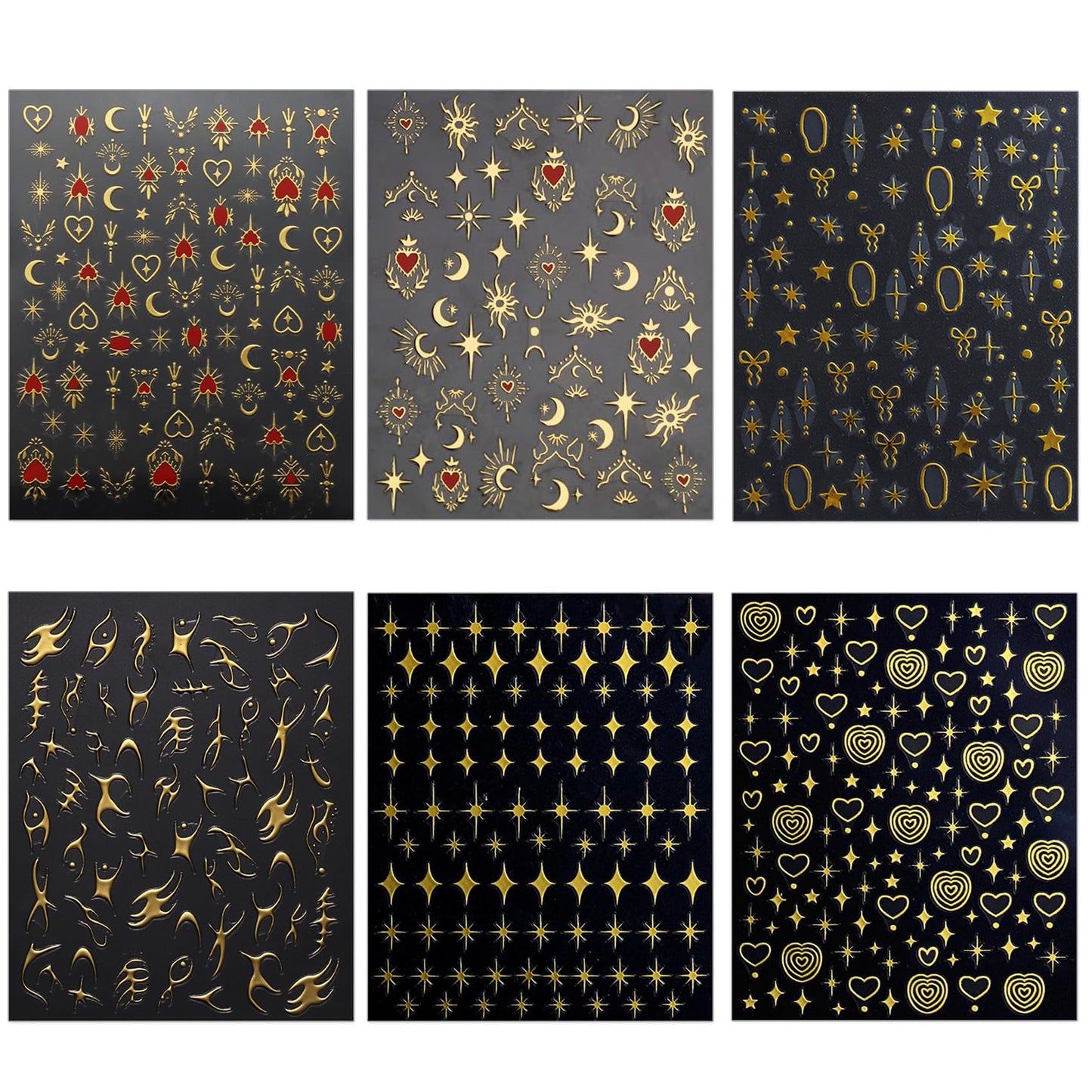 IDDFEVE Gold Heart Nail Art Stickers - Valentines Day Star Self-Adhesive 3D Nail Decals for DIY Golden Manicure (6 Sheets)