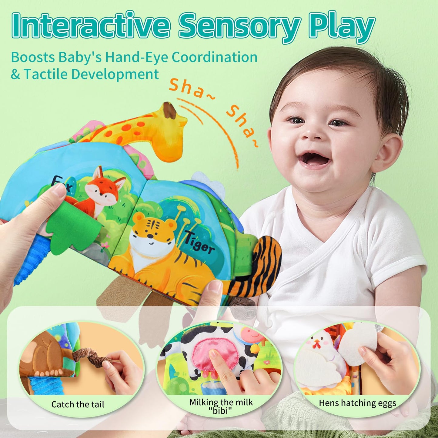 auby Baby Cloth Books - 3 Pack Soft Fabric Books for Babies with Crinkle Sound, Tactile Tails & Montessori Toys, Machine Washable
