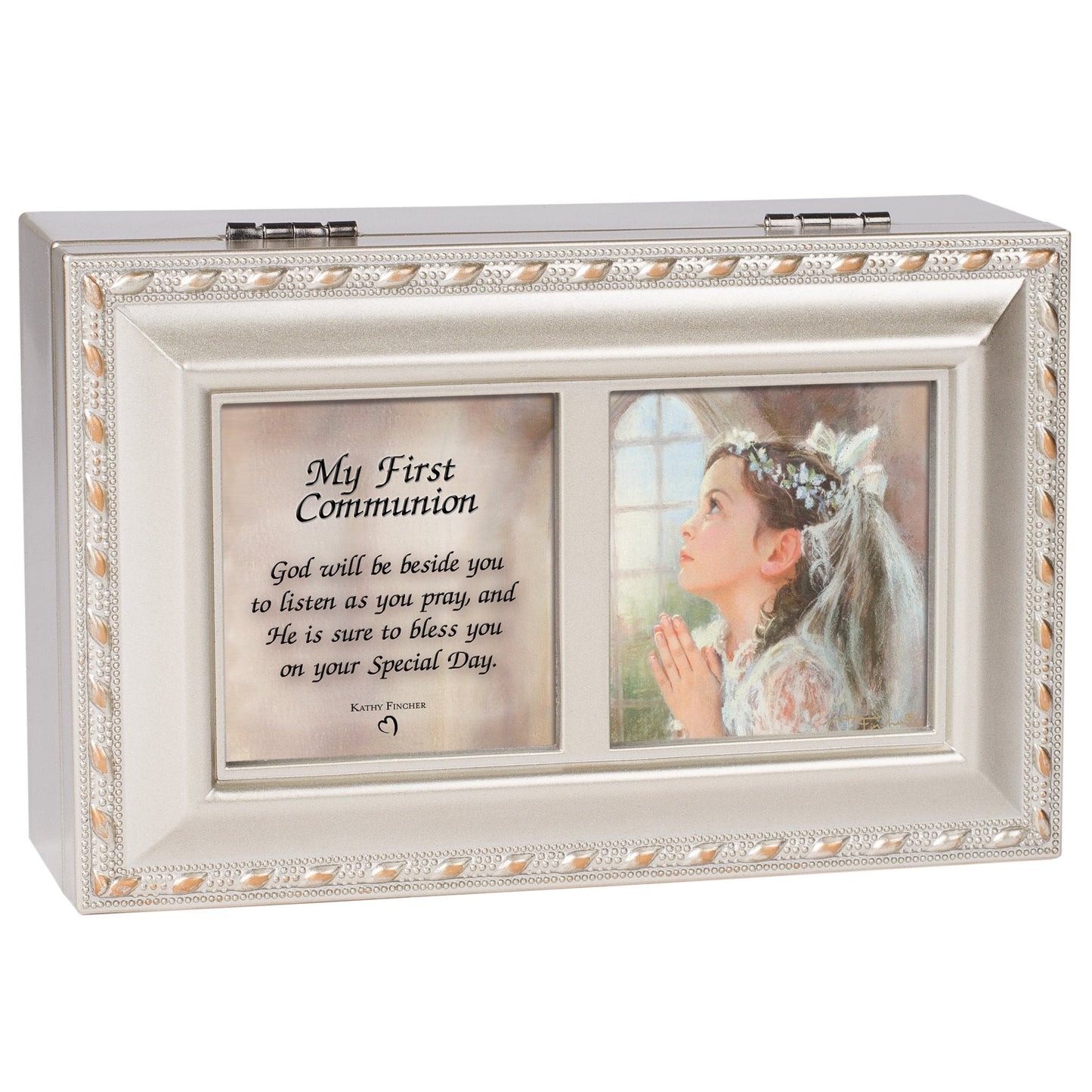 Cottage Garden First Communion God Beside You Brushed Silvertone Jewelry Music Box Plays Amazing Grace