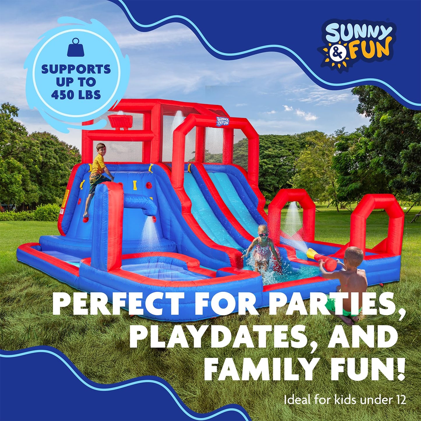 Sunny & Fun Mega Climb N’ Go Inflatable Water Slide Park – Heavy-Duty for Outdoor Fun - Climbing Wall, 2 Slides & Deep Splash Pool – Easy to Set Up & Inflate with Included Air Pump & Carrying Case
