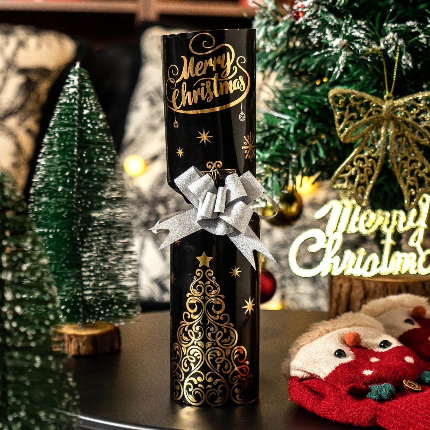 EWES Black Christmas Wrapping Paper Rolls Set, Cute Princess Kids Thick Aesthetic Elegant Girls Girly Heavy Duty Gift Wrap Sheets,Patterns with Christmas Tree,Reversible,Total 48.6sq.ft