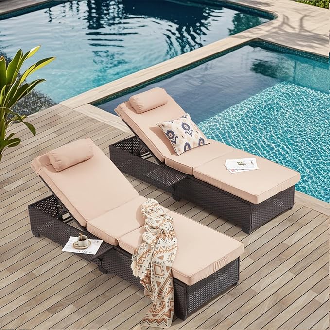 Outdoor Lounge Chairs, Pool Lounge Chairs Set of 2, Outdoor Chaise Lounge with Adjustable Backrest & Cup Holder,Khaki Cushiom