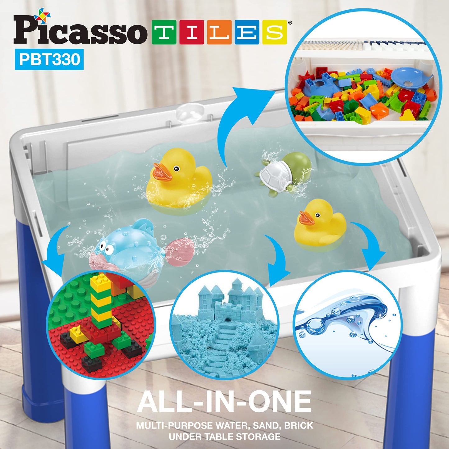 PicassoTiles Kids Activity Center Play Table & Study Desk Set Sandbox Water Tight Container Storage All-in-1 STEM Toy Kit Playset with 330pc Dual Size Building Bricks Construction Blocks Marble Run