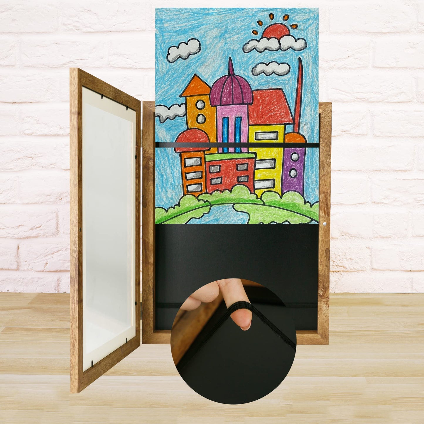 Kids Art Frames 8.5x11 - Front Opening Childrens Picture Frame Changeable, Wood Artwork Display Storage for Wall Mount, Magnetic Door Holds 50 Art Pieces for Drawings, 3D Picture, Crafts, Portfolio, Brown