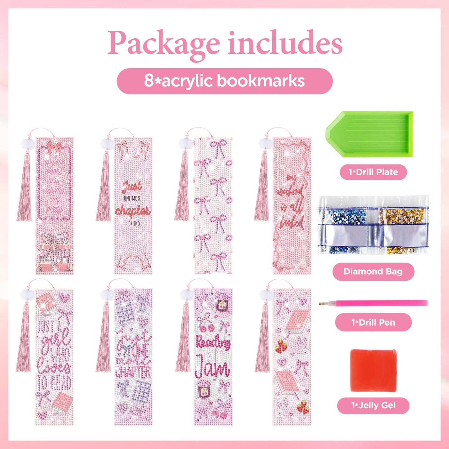8 Pieces Christian Bible Verse Diamond Art Bookmarks 5d Christian Beaded Bookmark Acrylic Tassel Bookmark for DIY Making Beginners Kids Adults Arts Craft Supplies (Pink Bow-1)