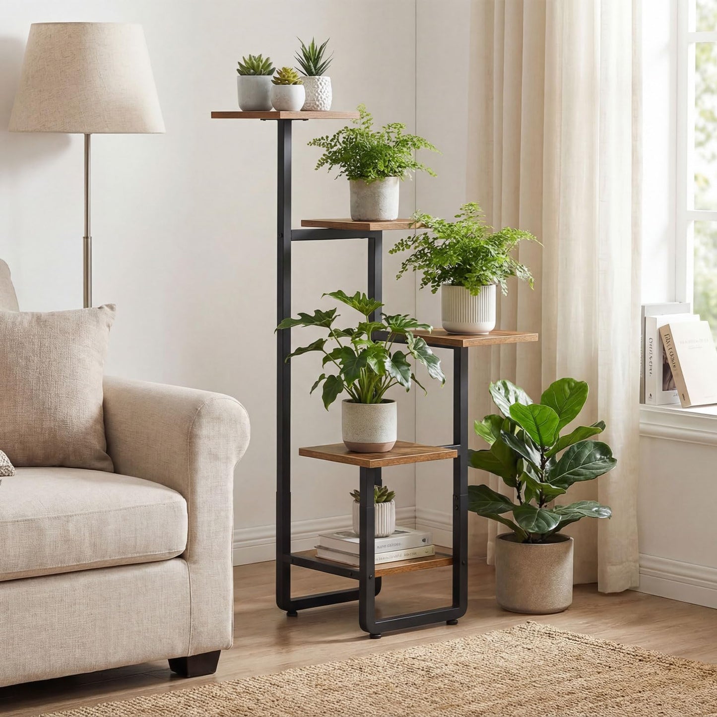 HOOBRO 29.5" Narrow Console Table Bundle, 5 Tiered Plant Shelf Flower Stand for Multiple Indoor Plants, for Hallway, Entrance, Living Room, Bedroom BF73XG01-BF06HJ01