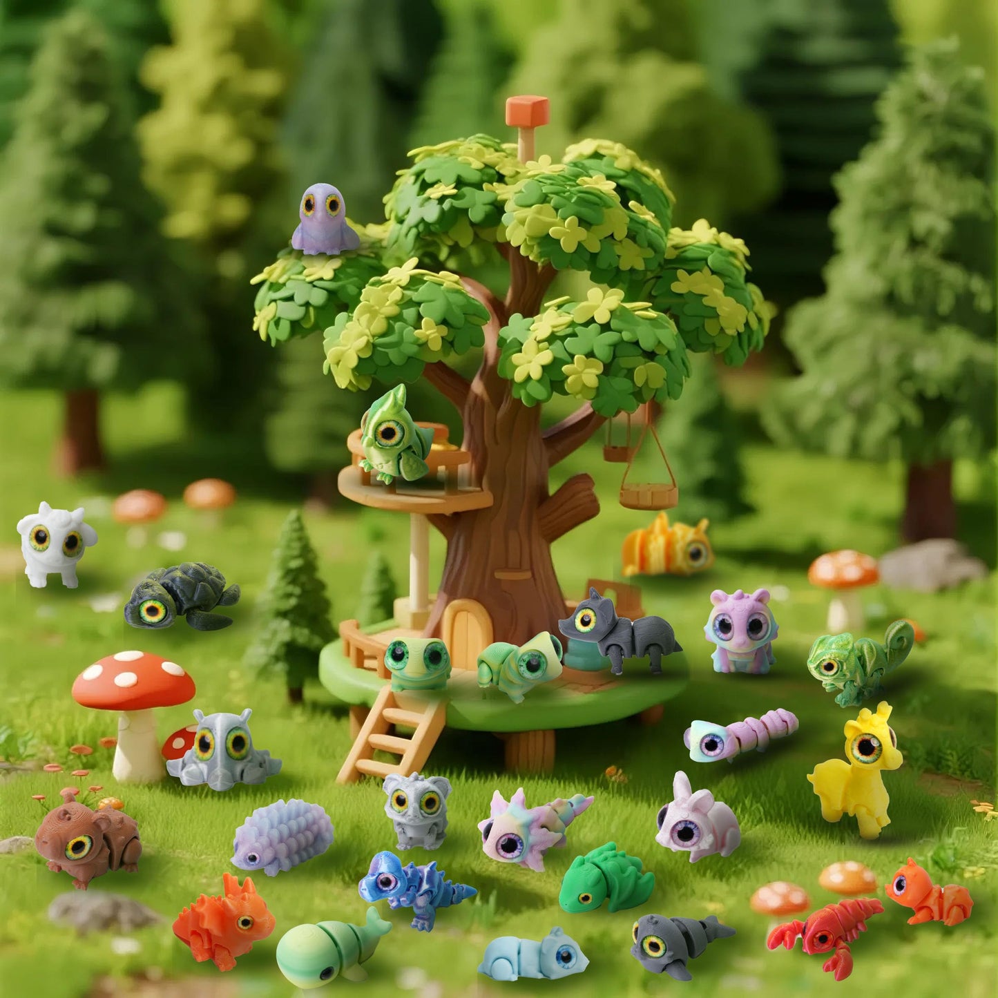 Laehovr 25PC Mini 3D Printed Animals Set with Shining Eyes - Articulated Desk Pets Collection, Mini Animals Figures for Classroom Rewards Bulk, Pocket Pets Fidget Toys Gift