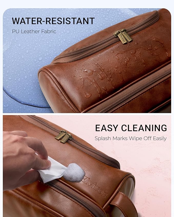 Elviros Toiletry Bag for Mens PU Leather Travel Organizer Kit with Hanging hook, Large Water-resistant Toiletries Bathroom Shaving Bags (Extra Large, Brown)