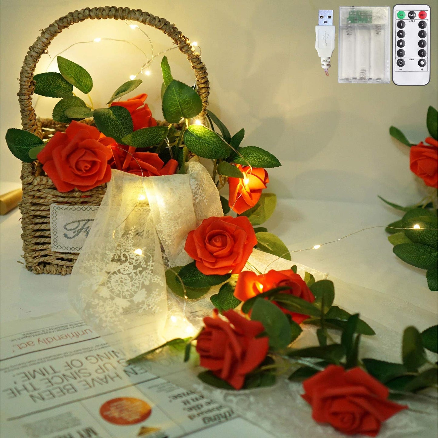NiniTe LIGHTS Rose Vine Lights with Remote, Battery or USB Operated Artificial Flower Garland, Hanging Fairy Lights for Bedroom Headboard, Valentine‘s Day, Wedding, Romantic Party Décor (Red, 9.9)