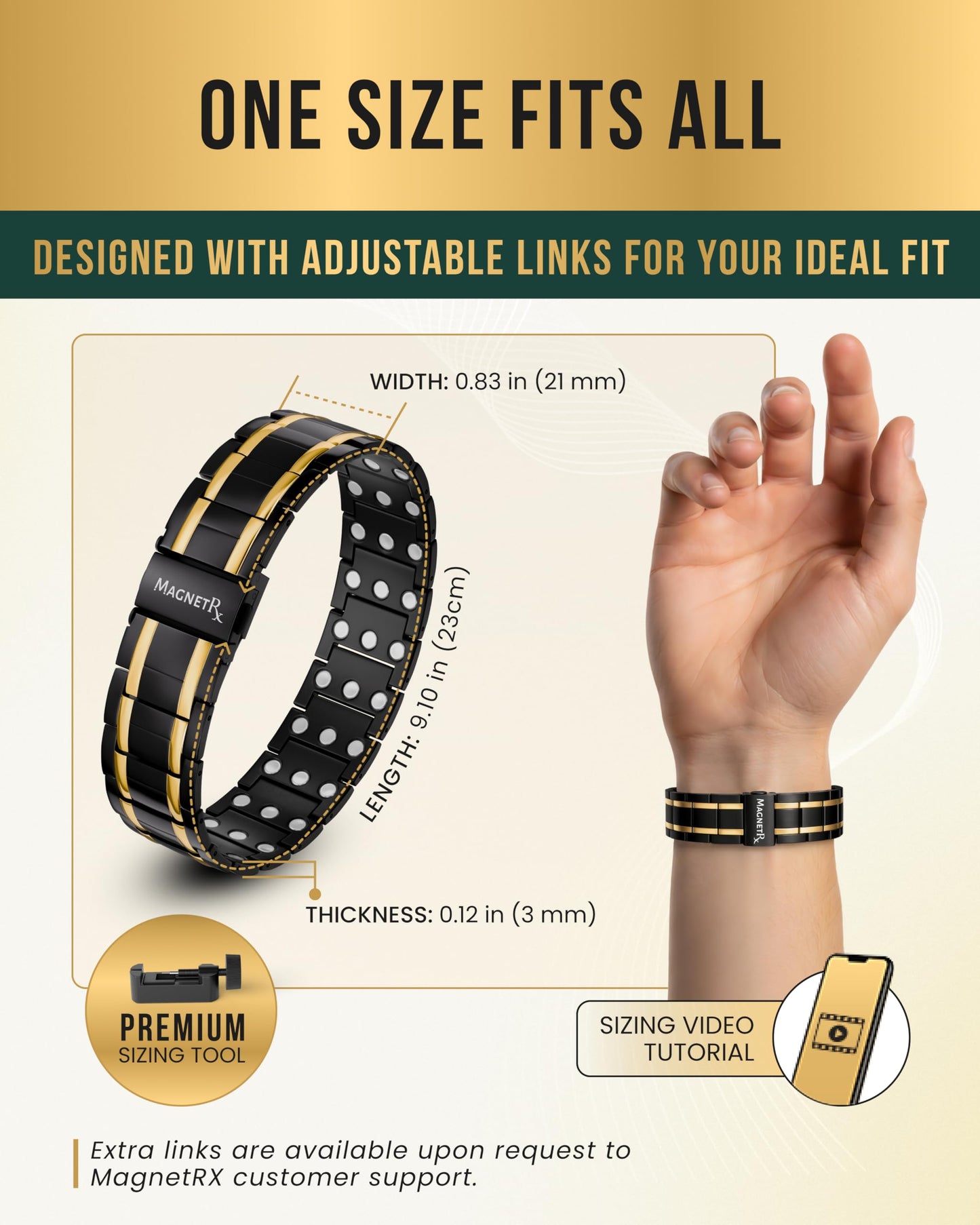 MagnetRX® 3X Strength Titanium Magnetic Bracelet – Magnetic Bracelets for Men – Premium Fold-Over Clasp and Adjustable Length with Sizing Tool (Black/Gold)