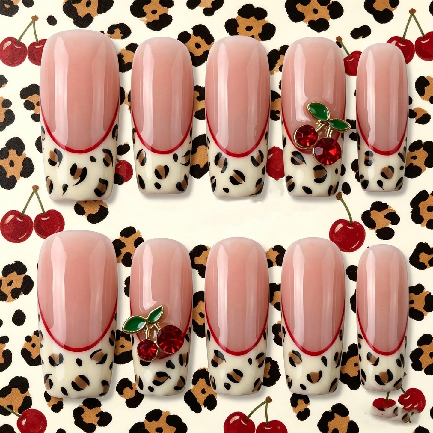Long Square Press on Nails Handmade 3D Cute Glue on Nails for Women, Luxury Homemade Press on Nail Art Design, Fake Nails with 3D Nail Charms Size M 4