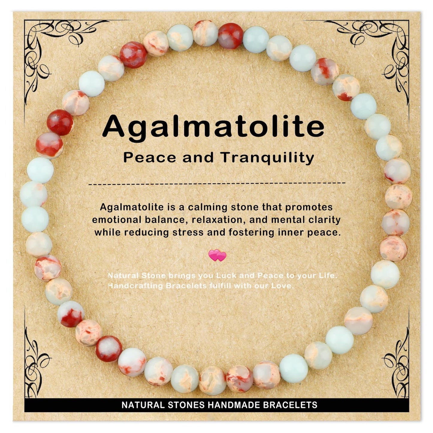 AD Beads 4mm Handmade Agalmatolite Elastic Bracelet – Natural Gemstone for Peace and Tranquility – Meditation, Yoga, Healing and Energy Gift for Men Women