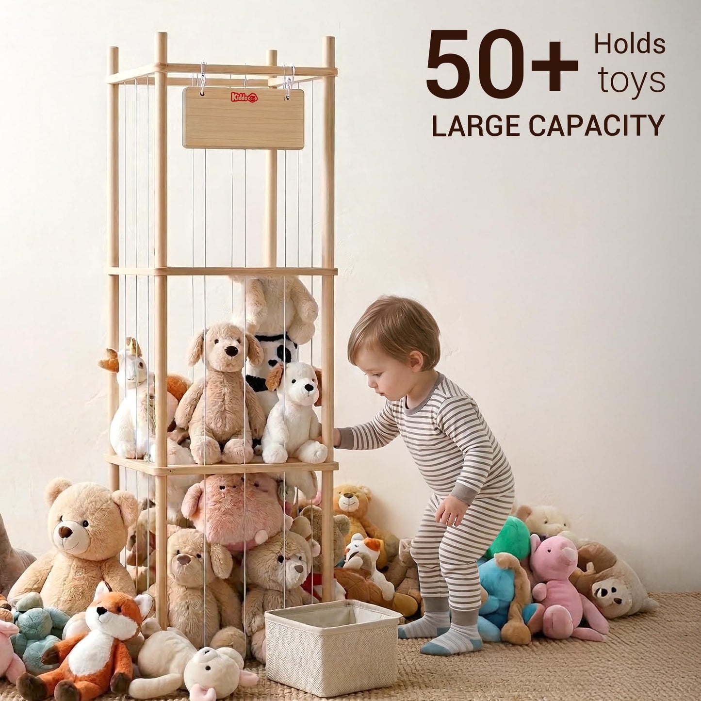 KiddoCood Kids CPC & TIC Certified Stuffed Animal Storage - 3-Tier Natural Solid Wood Plush Toy Organizer & Holder, Corner Solution for Playroom & Nursery, BPA-Free & Zero Glue