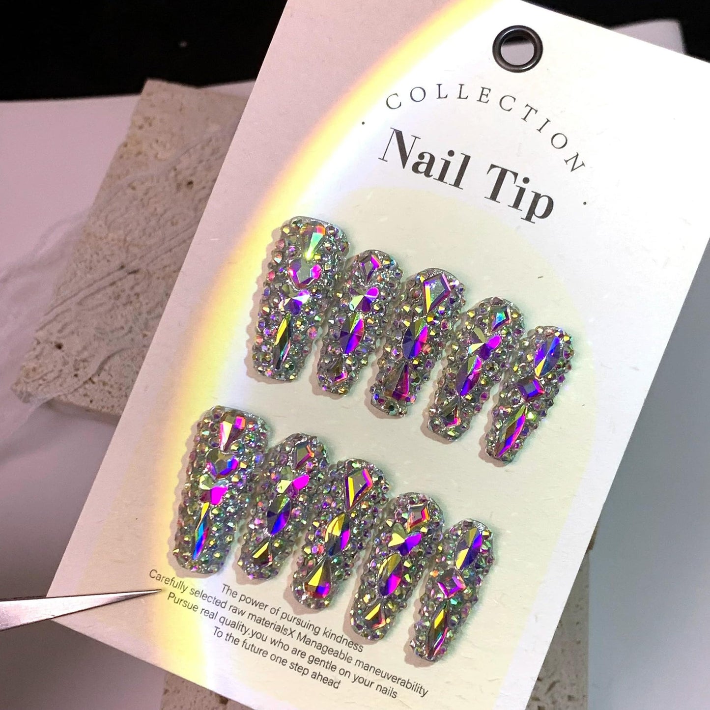 Luxury Handmade Press on Nails Long Coffin Fake Nails Rhinestone Crystal Full Cover False Nails with Glue with Designs Sparkly Long Acrylic Nail Reusable Stick on Nail for Women 10Pcs(Size M)