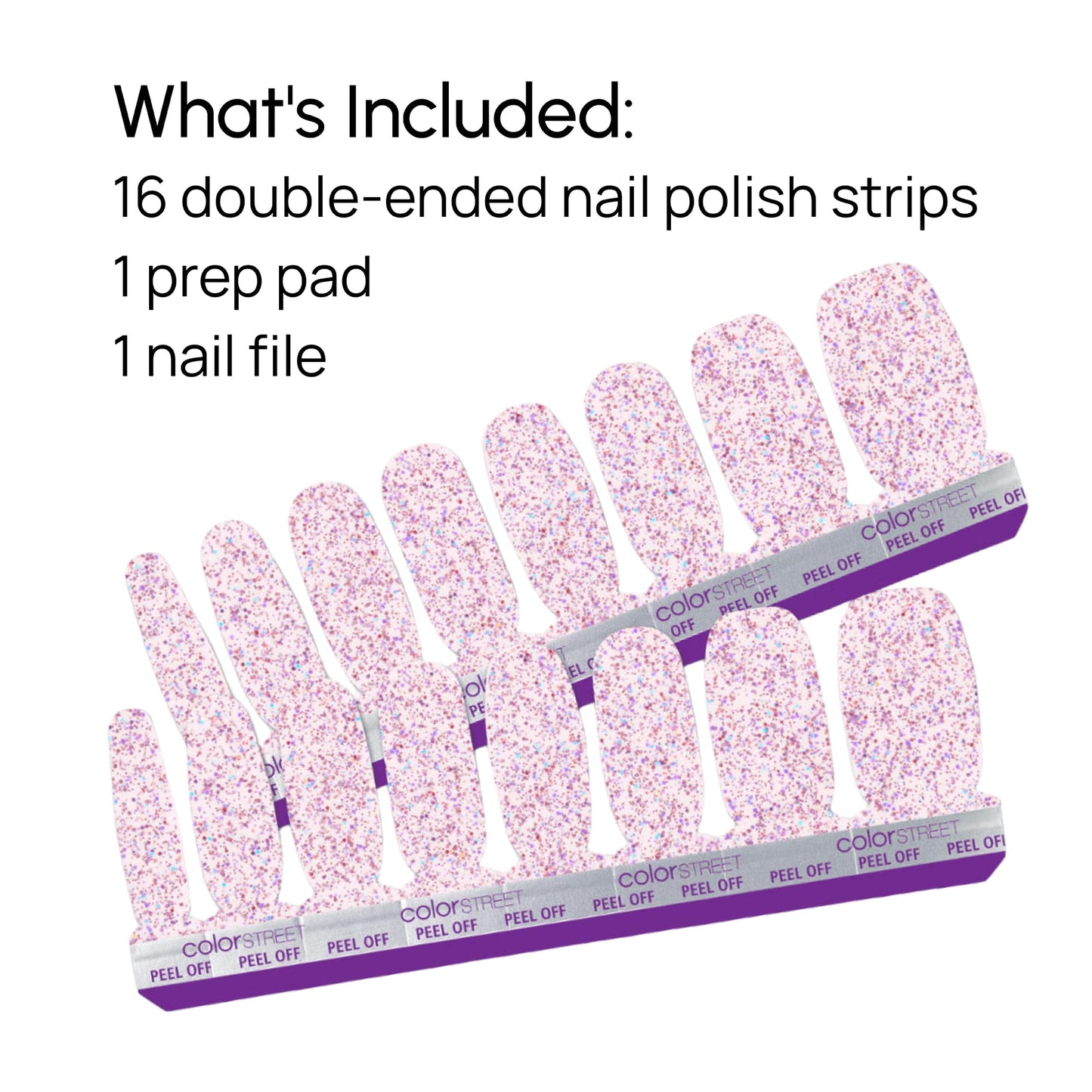Color Street Shimmer Down Nail Strips - Rosy Pink Glitter with Metallic Pink & Silver Holographic Glitters, 16 Double-Ended Nail Strips for Easy Manicures, Wear Alone or Over Any Nail Color.