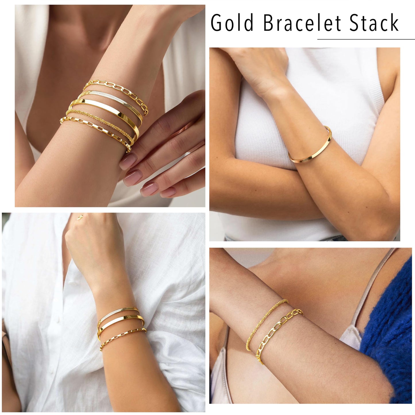Chunky Gold Bracelets for Women Waterproof, Stack Bracelet Set Layered Chunky Bangle, Box Link, Paperclip, Herringbone, Sparkling Chain, Adjustable Waterproof Non Tarnish Jewelry Gifts for Women