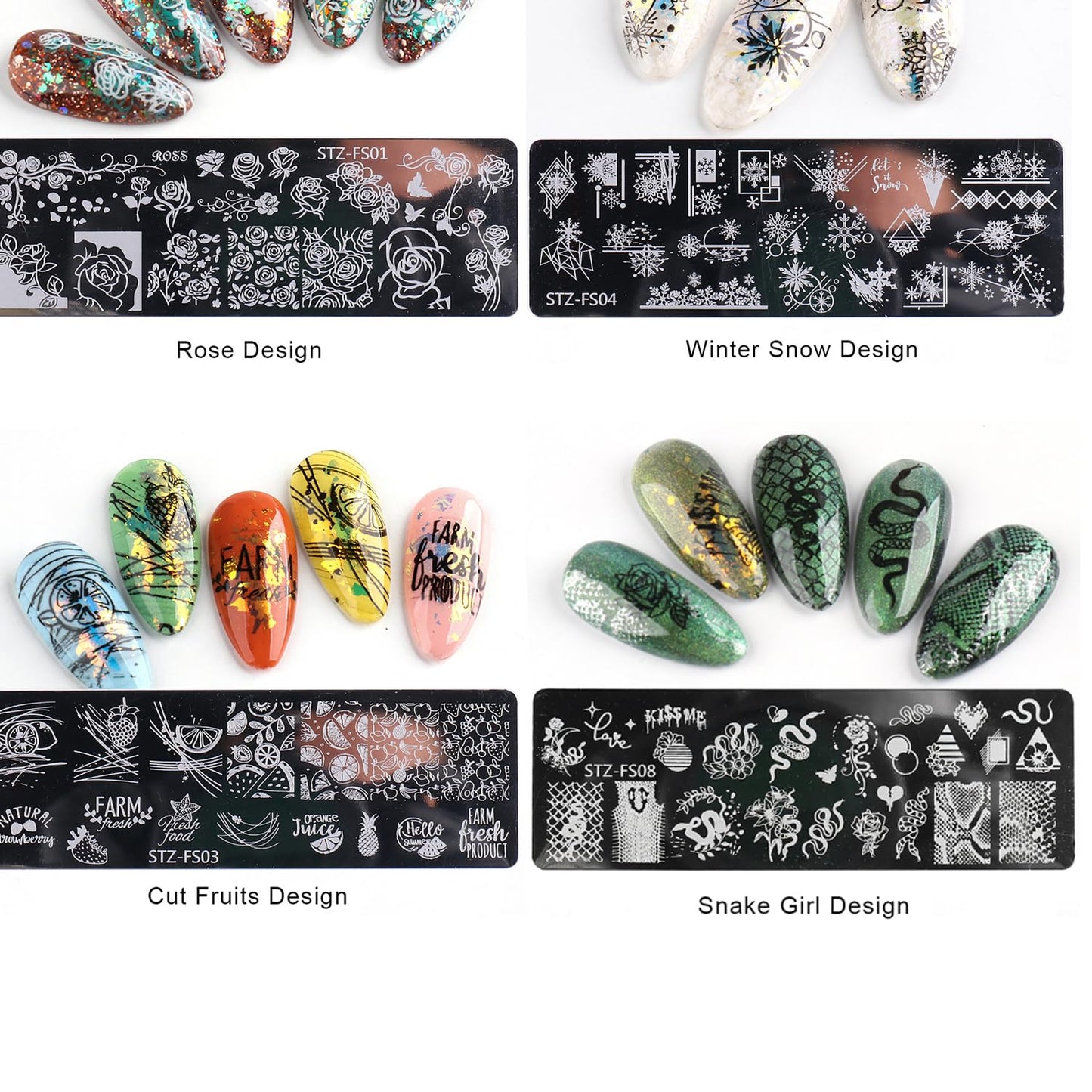JERCLITY 8pcs Nail Stamping Plates Nail Stamping Kit Rose Fruit Animal Snake Image Plates Nail Art Design Template Print Nail Stamper Kit for Women