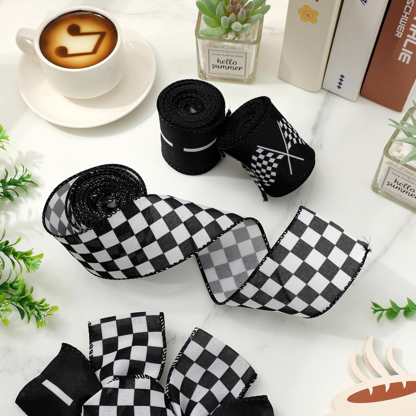 Whaline 3 Roll Racing Car Theme Wired Edge Ribbon 18 Yards 2.5 Inch Black White Checkered Decorative Fabric Ribbon for Wreath Bow Sport Team DIY Craft Gift Wrapping Supplies
