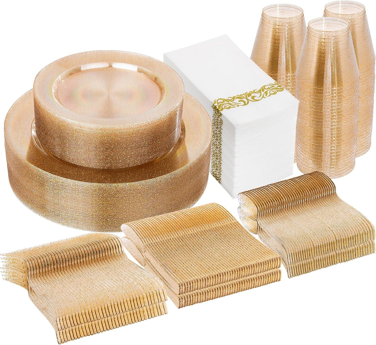 I00000 350 Pcs Gold Glitter Plastic Dinnerware Set for 50 Guests, Plastic Disposable Plates for Party, Include: 50 Dinner Plates,50 Dessert Plates,50 Paper Napkins, 50 Cups, 50 Silverware Set
