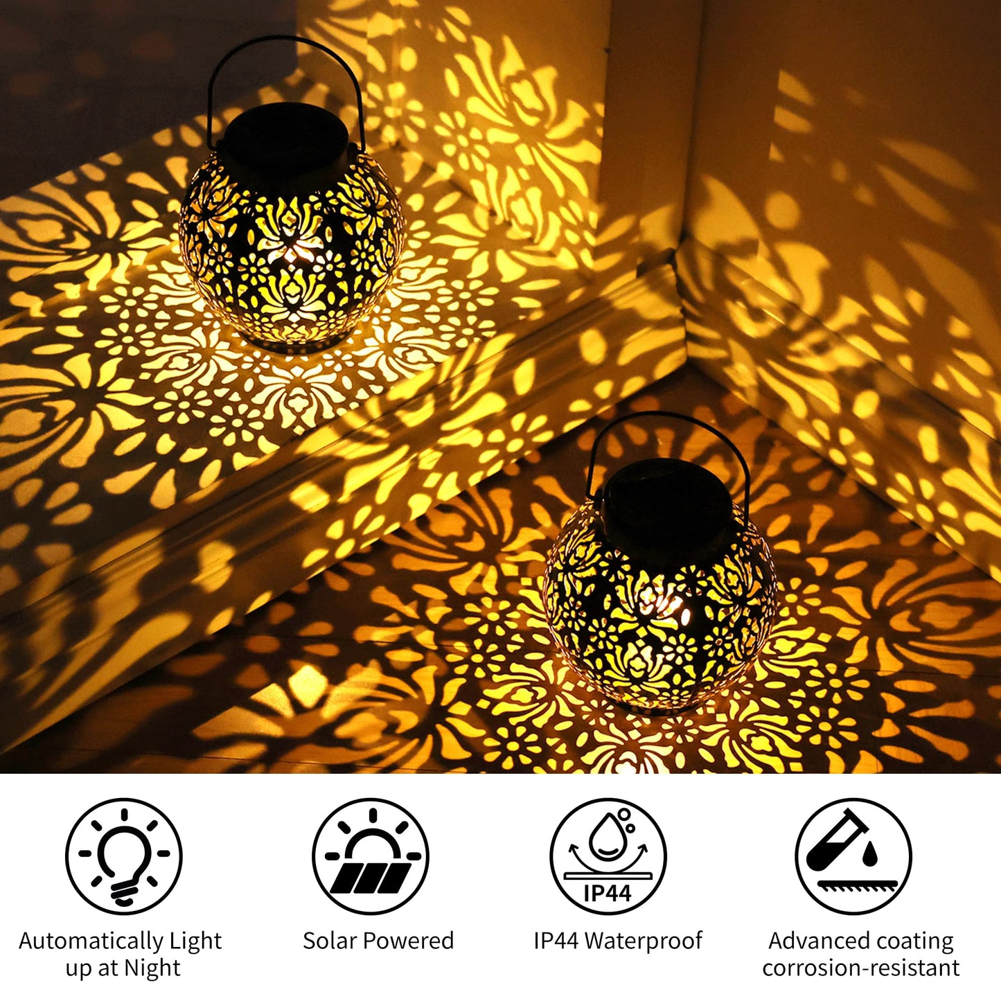 LUZ DEL Gifts 2 Pack Solar Lanterns Outdoor Gifts, Garden Decor Elegant Rose Pattern, IP44 Waterproof Hanging Solar Lights Outdoor Decorative for Garden, Patio, Pathway, Yard, Porch - Ideal Gift