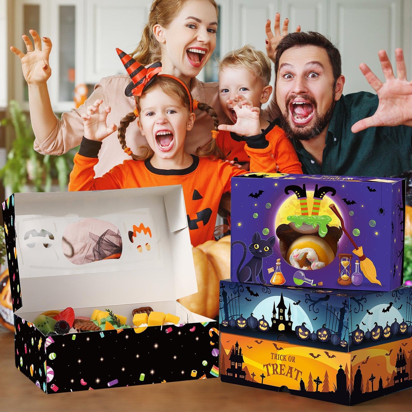 Pasimy 36 Pcs Halloween Cookie Boxes with Window 8.7 x 5.5 x 2.8 Inch Halloween Treat Boxes Bulk Cupcake Candy Dessert Containers for Bakery Pastry Packaging Supplies