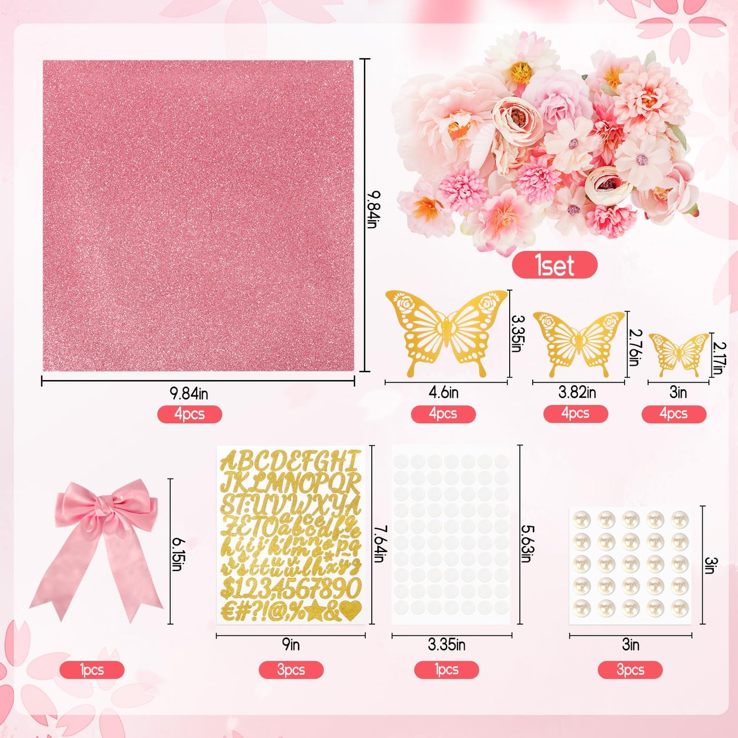 KOILLUXU DIY Graduation Cap Decoration Kit，Faux Flowers, 3D Butterflies, Pearls, Pink Bow, Grad Cap Topper, Letter Sheets & Adhesive Dots for Grad Party